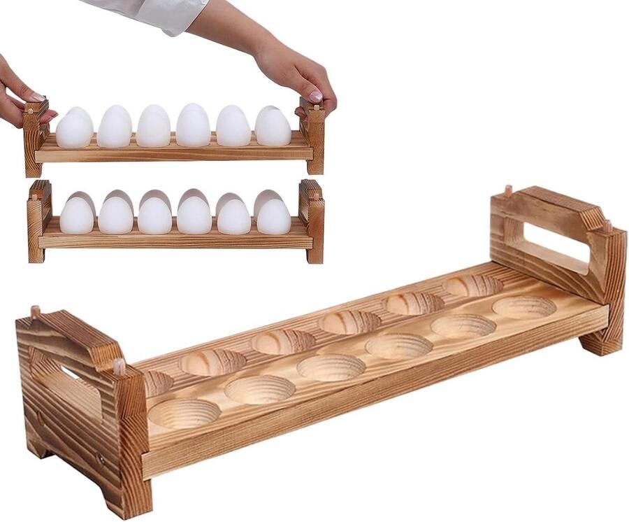 Houten Eierdopjes Eierhouder Hout Keuken Decoratie Stapelbaar Ontwerp 12 Eieren Houtkleur