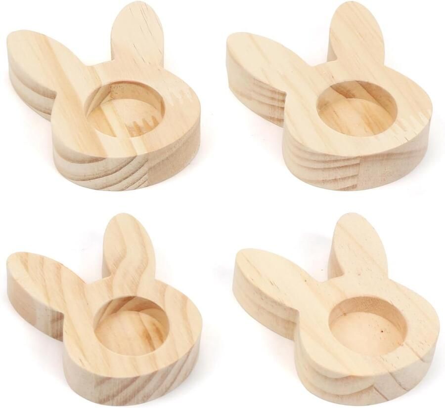 Houten Eierdopjes Set Paasdecoratie Hout Ontbijt Brunch Vier Stuks 9 x 6 x 2 cm Houtkleur