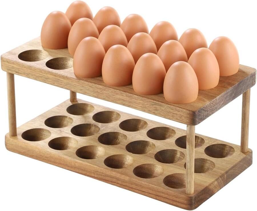 Houten eierrek Eierhouder Eierorganizer Keuken organiseren Stapelbaar op 2 niveaus 36 eieren Bruin