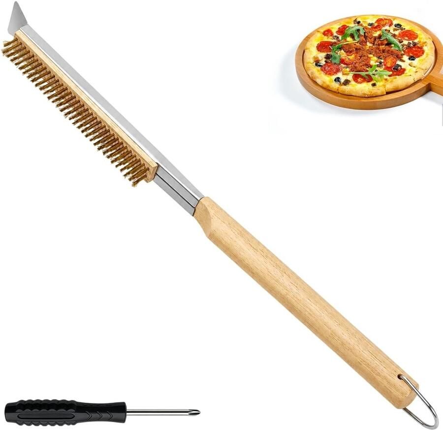 Houten Handborstel voor Pizzaoven en Pizzasteen 2-in-1 Reinigingsgereedschap met RVS Schraper voor Barbecue en Oven 53 cm Lang