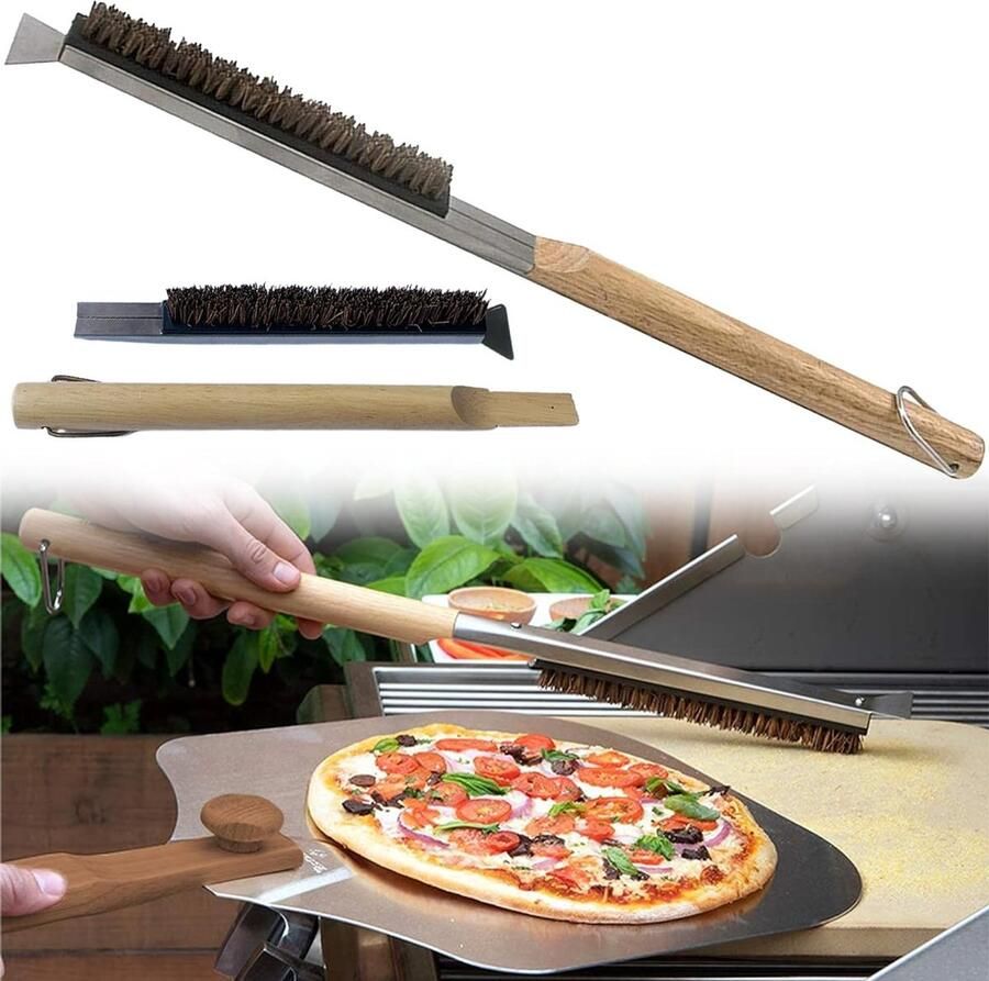 Houten Handvat Steel Scraper en Messing Borstel voor Pizzastoven Barbecue en Bakaccessoires Geschikt voor Keuken en Bakken
