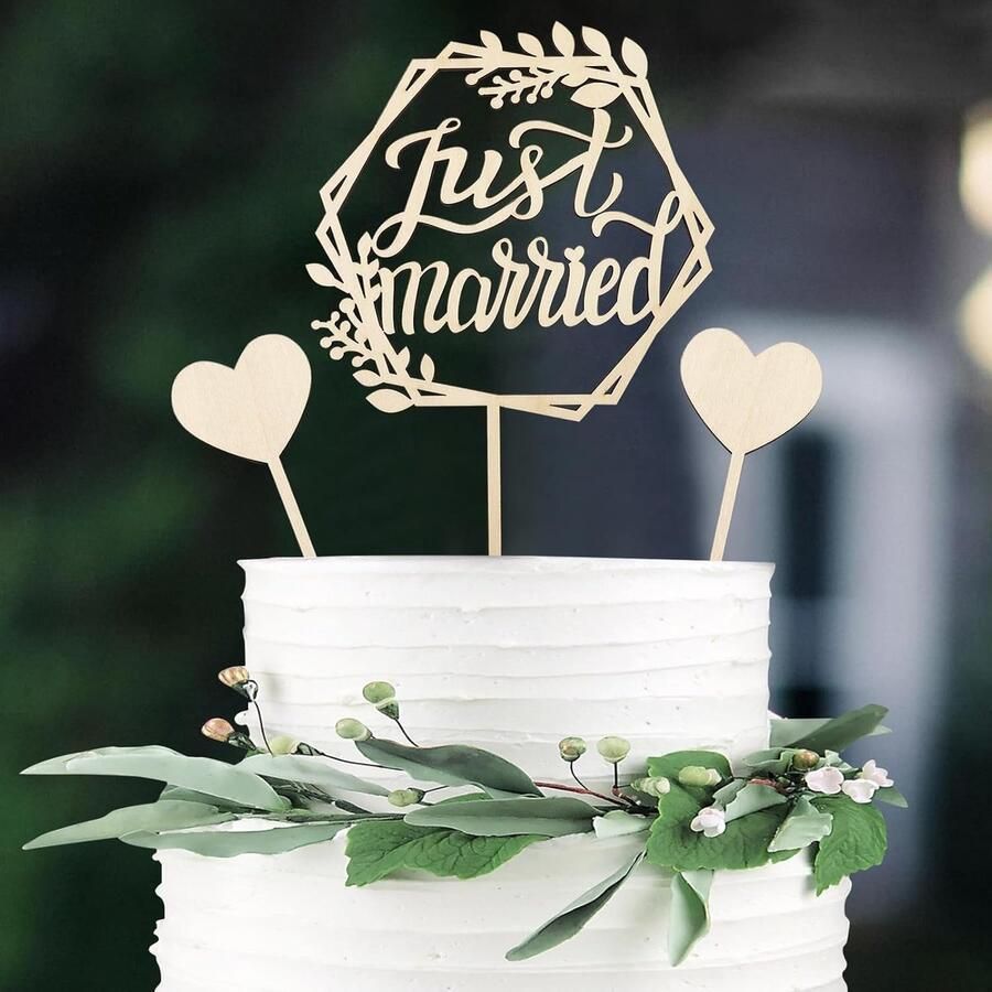 Houten Just Married deco Cake Topper bruiloft 3 stuks taartdecoratie bruiloft Just Married bruiloftstaart deco taartsteker bruiloften bruiloftstaartdecoratie hart taarttopper voor - Foto 1