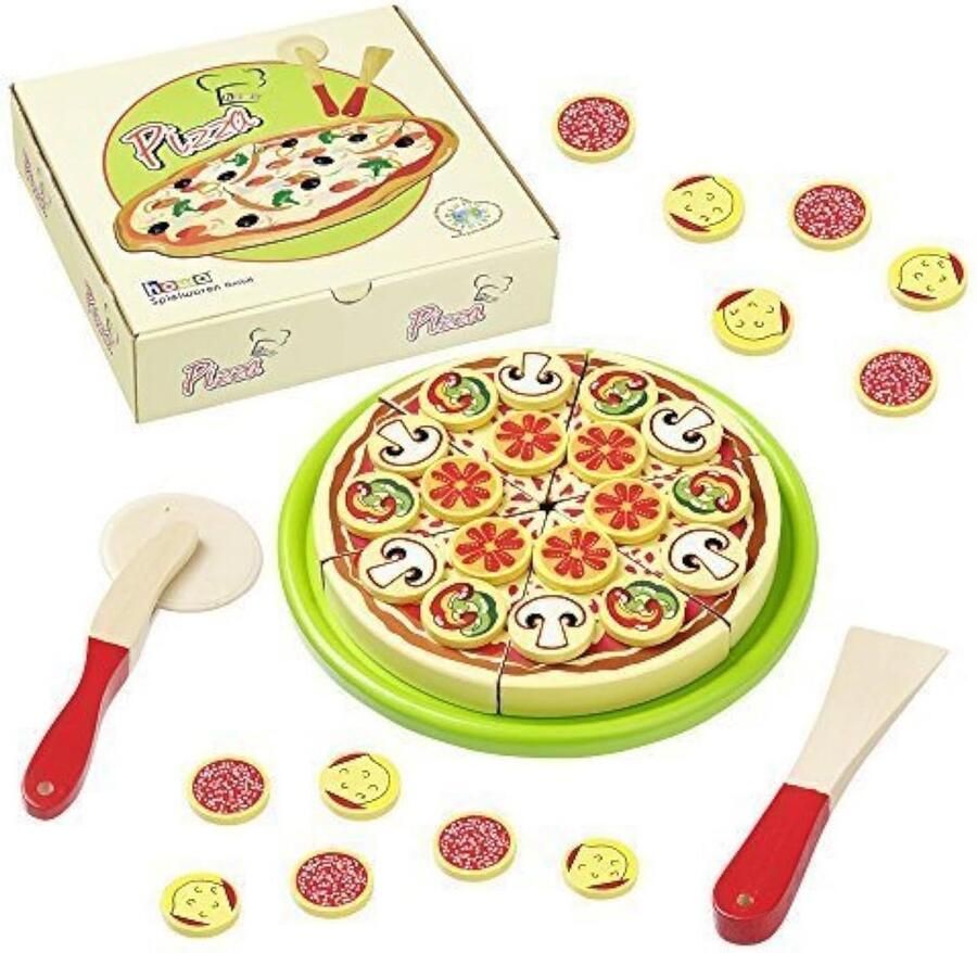 Houten Kinderspeelgoed Pizza met Toppings om te Snijden