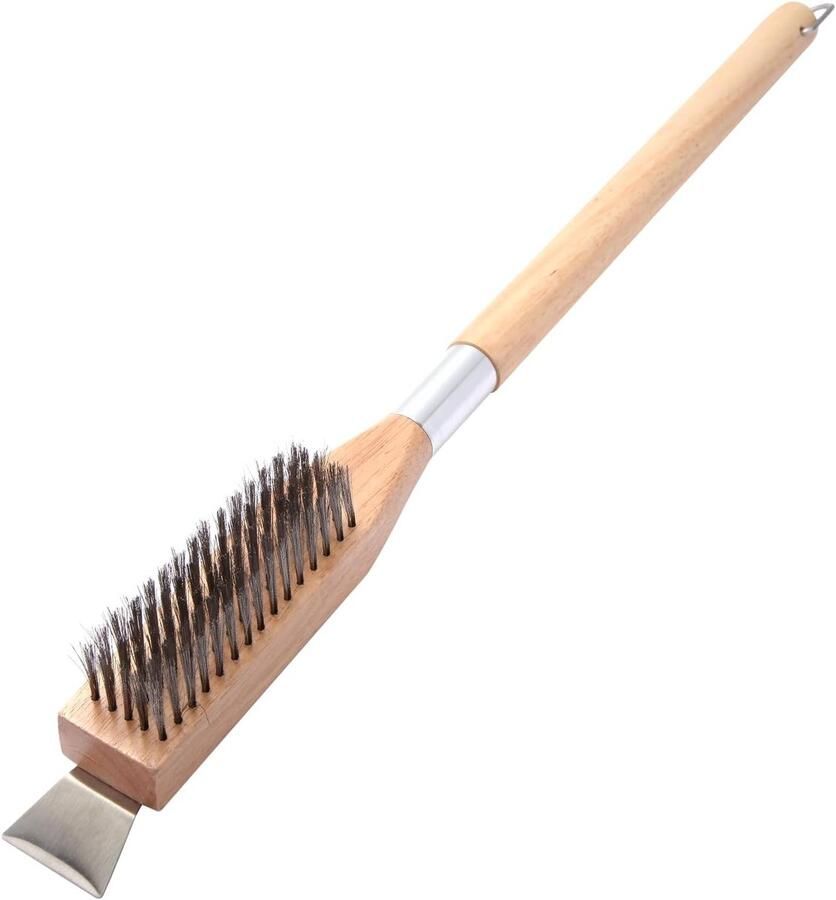Houten Lange Handgreep Ovenborstel met Rvs Hittebestendige Haren en Steenkrabber voor Buiten Pizza Oven Accessoires Ideaal voor Schoonmaken en Onderhouden van Pizzaovens
