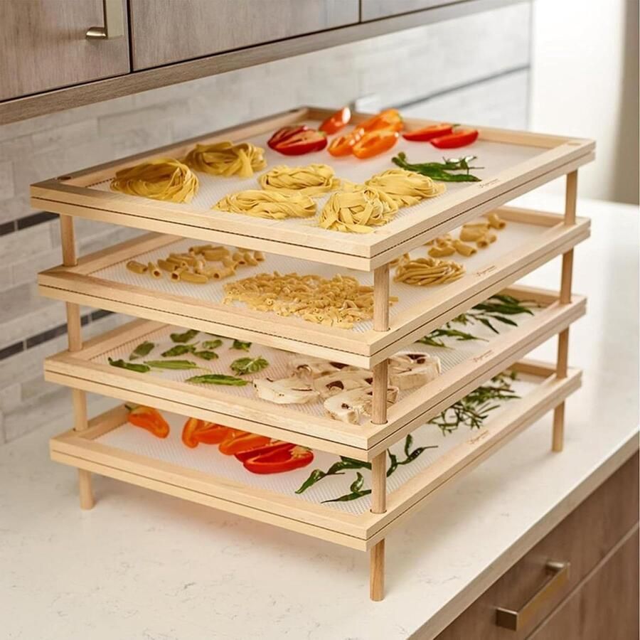 Houten Pasta Droogrek Voedseldroger Standaard Ingrediënten Drogen Verbeterde Luchtstroom 41x29x3 cm Houtkleur