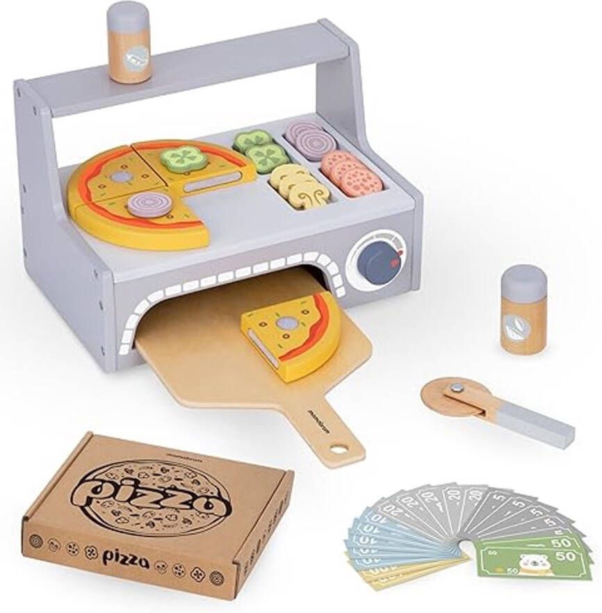 Houten Pizza Bakset voor Kinderen Pizza Oven Set met Snijplank Pizzastukken en Beweegbare Pizzasnijder