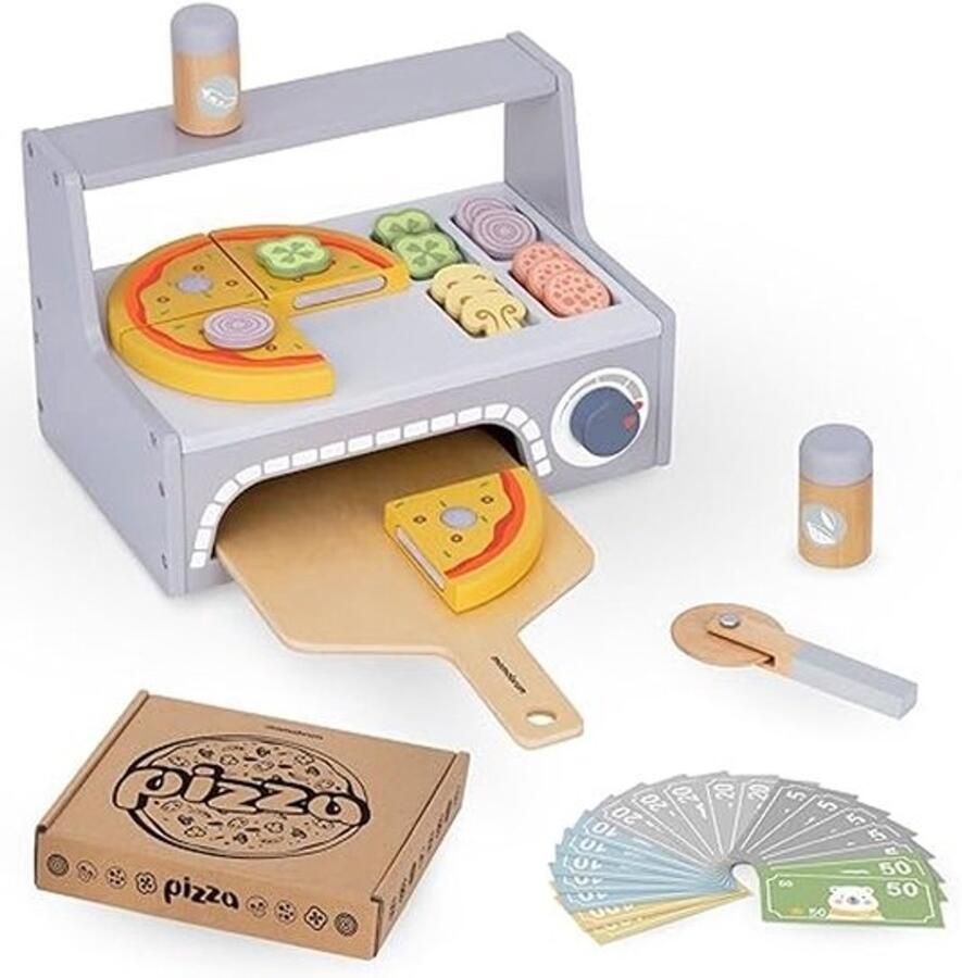 Houten Pizza Bakset voor Kinderen Pizza Oven Set met Snijplank Pizzastukken en Beweegbare Pizzasnijder