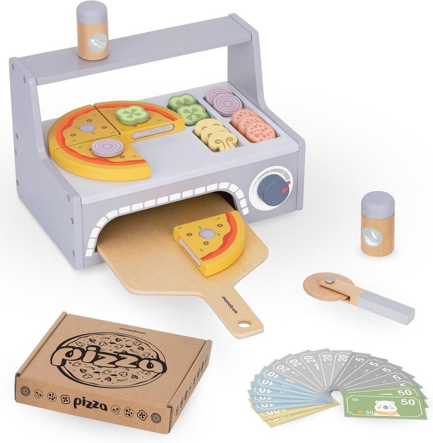Houten Pizza Bakset voor Kinderen Pizza Oven Set met Snijplank Pizzastukken en Beweegbare Pizzasnijder