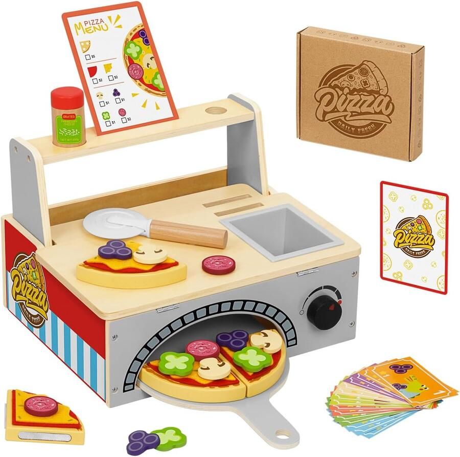 Houten Pizza Set Speelgoed Keuken Kinderen Spelen Natuurlijk Materiaal 31 x 26 x 22 cm Houtkleurig