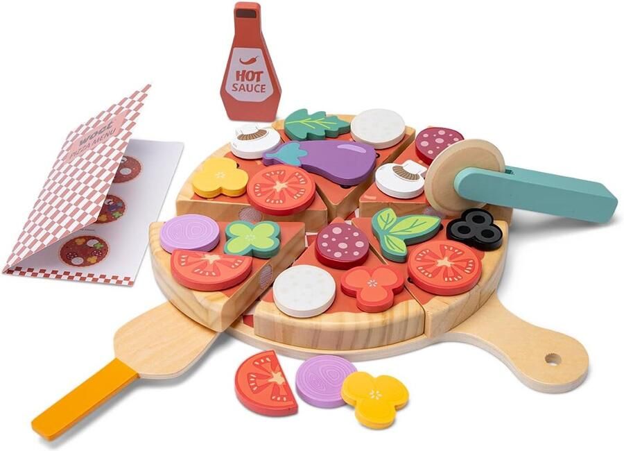 Houten Pizza Speelset Keukenspeelgoed Kinderspel 32 Delig Inclusief Menu 28 x 23 cm
