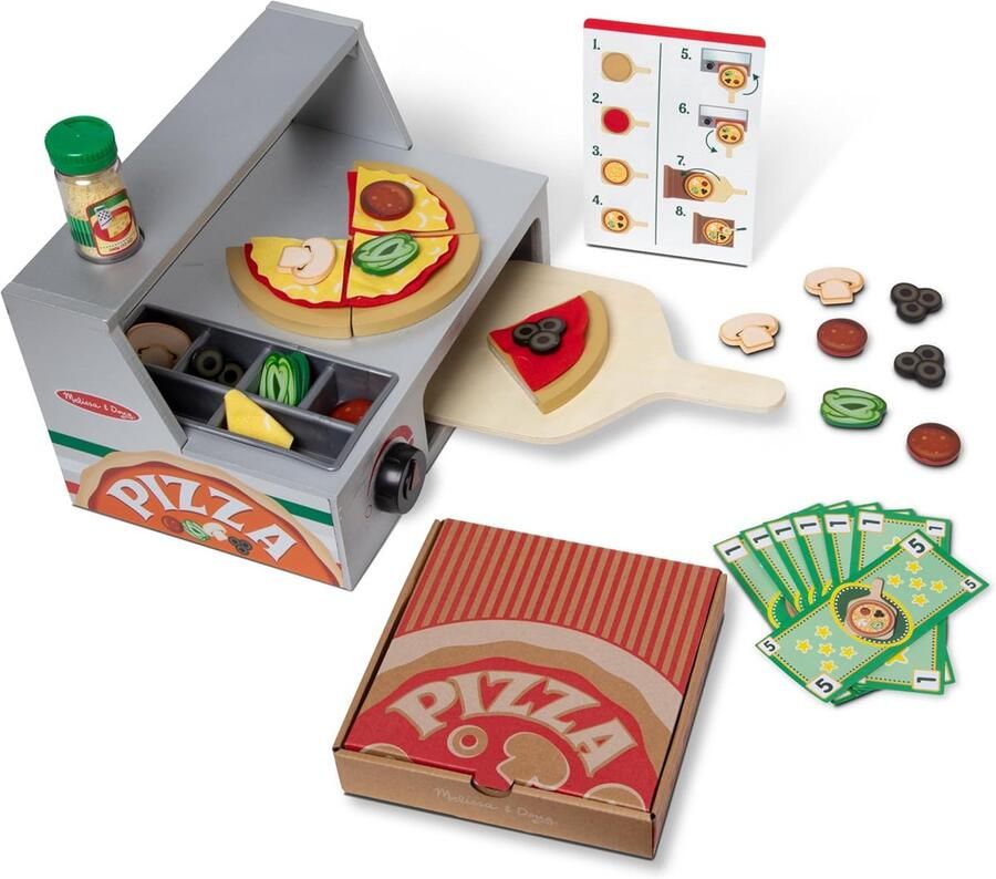 Houten Pizzaset met Toppings en Oven Speelgoed om Zelf Pizza te Maken voor Kinderen vanaf 3 Jaar