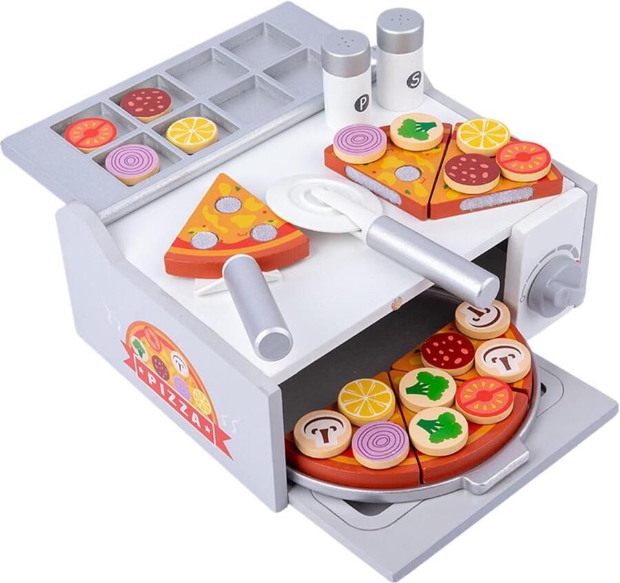 Houten Pizzaset Rollenspel Keuken Kind Ontwikkeling Inclusief Oven 26 x 22.5 x 12 cm
