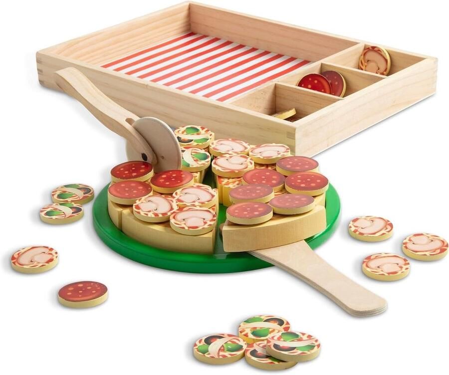 Houten Pizzaset Speelgoedkeuken Fantasierijk Spel 36 Toppings 33 x 23 cm Multicolor