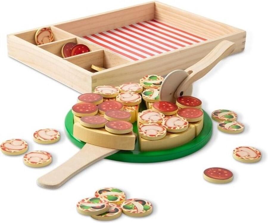 Houten pizzaset speelgoedpizza fantasierijk spel 36 toppings en ingrediënten 4x23x33 cm multicolor