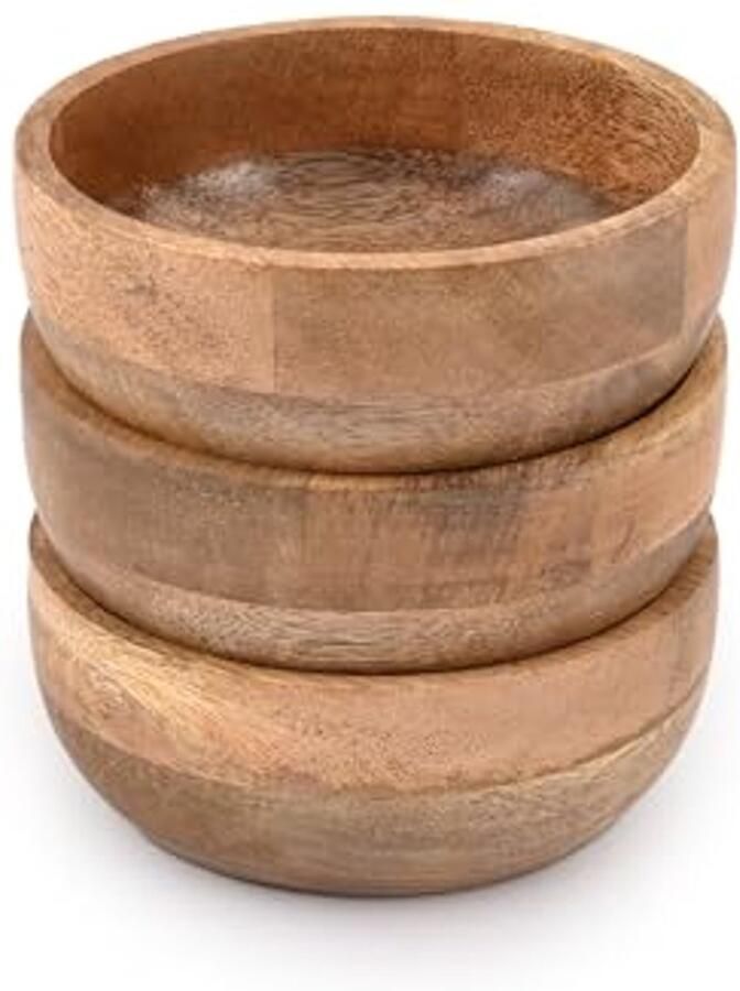 Houten ronde kommen set van 3 voor dipsaus noten en desserts