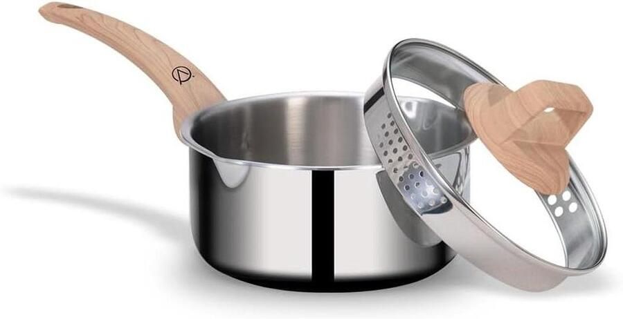 Houten RVS Steelpan Glazen Deksel Koken op Inductie Triply Constructie 15 Liter Zilver
