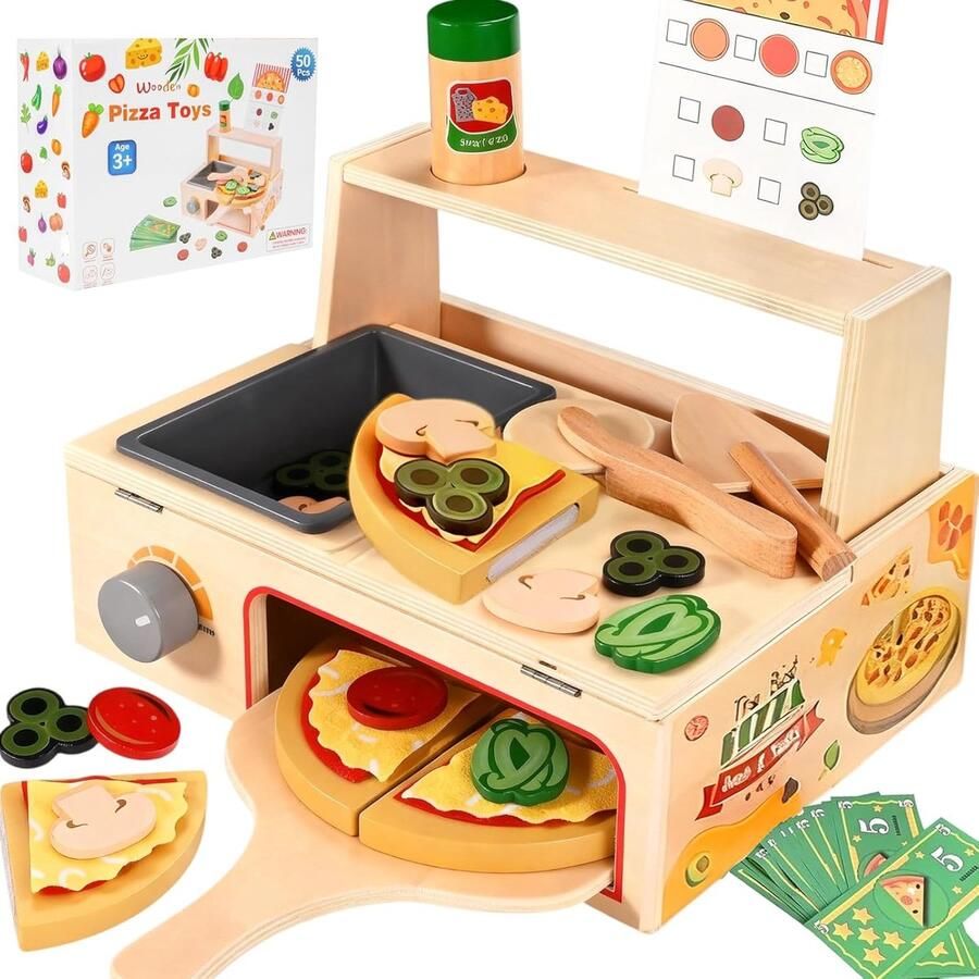 Houten speelgoed pizza set 50-delig pizzaoven met snijder rolspel voor kinderen vanaf 3 jaar