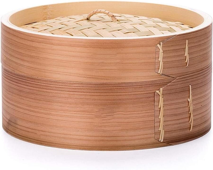 Houten Stoommand 2 laags mand Gezond koken Handgemaakt bamboe 24 cm diameter Natuurlijk