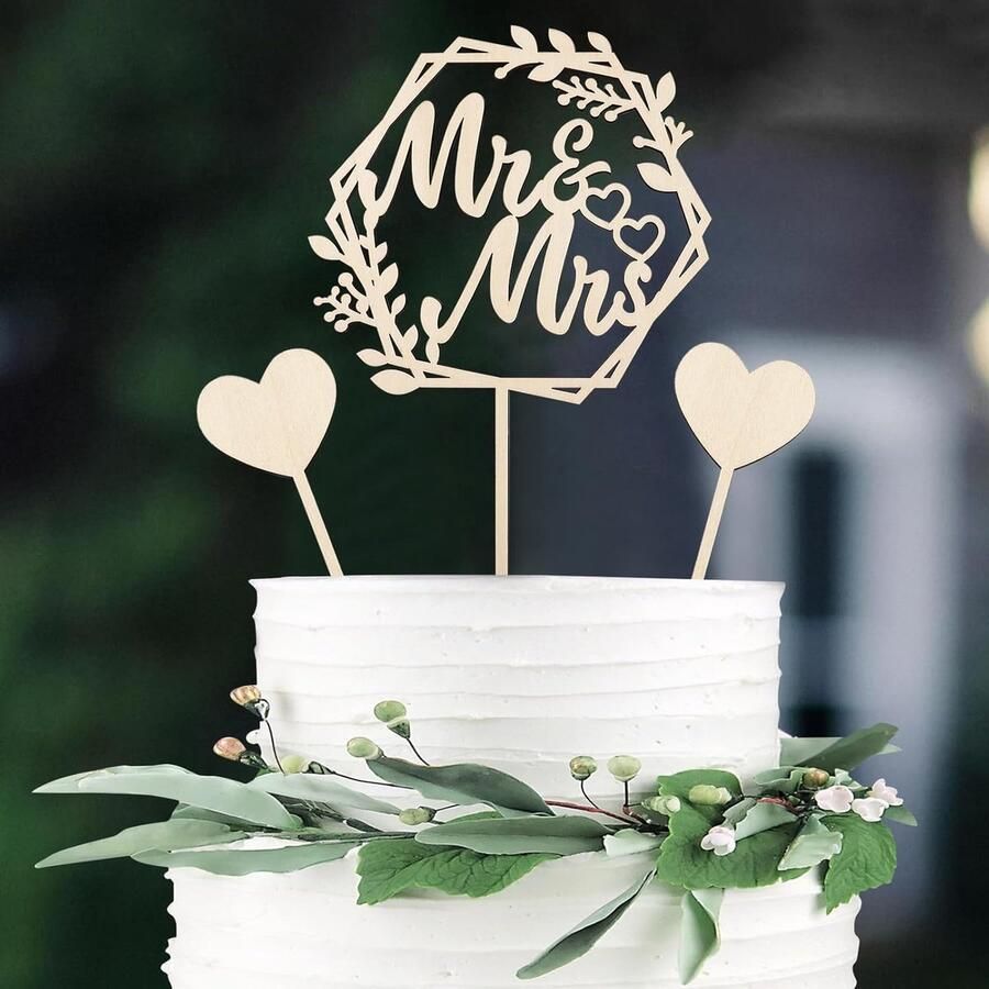 Houten taarttoppers voor bruiloft 3 stuks taartdecoratie voor bruiloft bruidstaart decoratie Mr & Mrs hart-taartsteker bruiloften taarttoppers bruidstaarten decoratie voor verloving