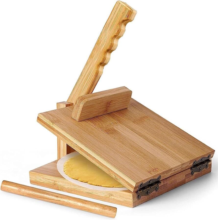 Houten Tortilla Pers Deegpers Machine Thuis Keuken Inclusief Deegroller 10 Inch Vierkant Natuurlijk Hout