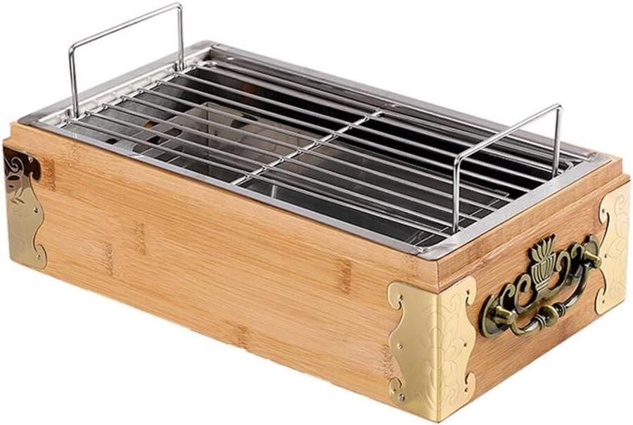 Houtskool Grill Box Draagbare Oven Buiten Koken Roestvrijstalen Bakplaat 35 x 20 cm Bruin