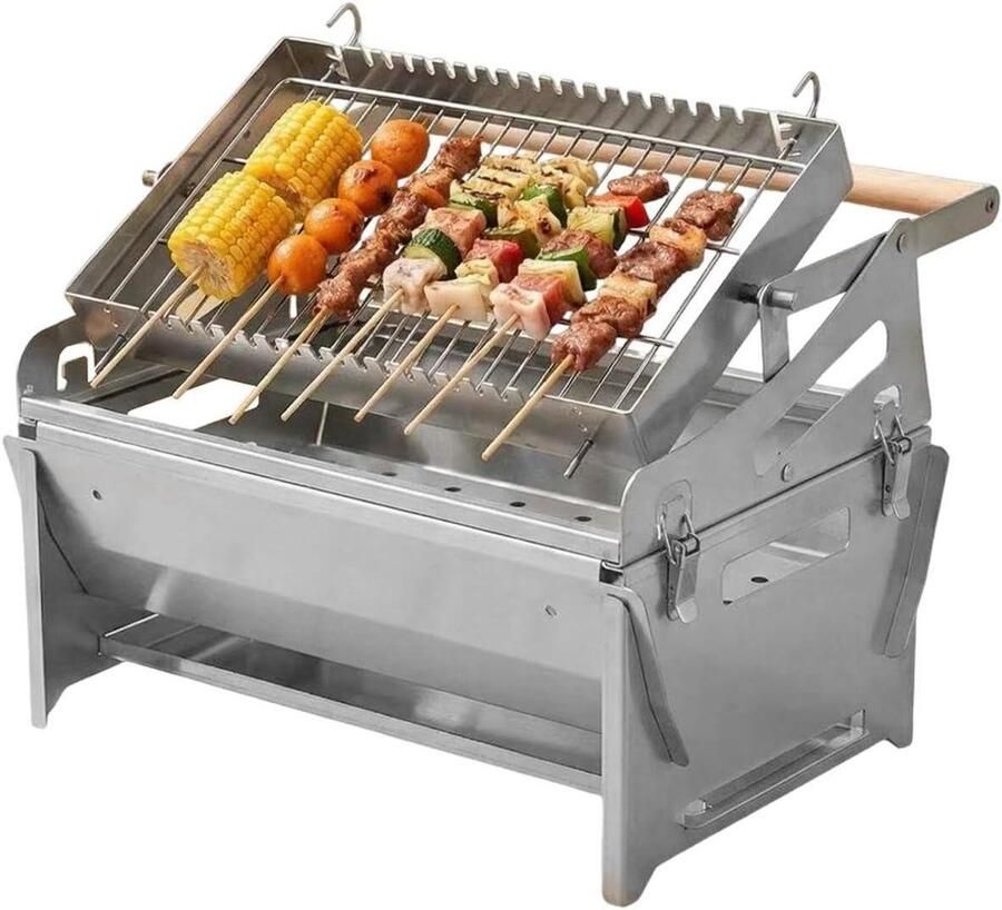 Houtskool Grill Kampeergrill Rotatie Buiten Grillen Roestvrij Staal 30 x 16 x 16 cm Zilver