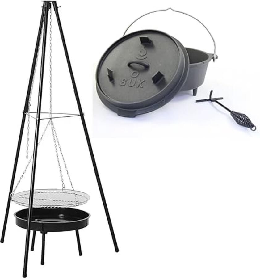 Houtskool Grill Zwenkgrill Dutch Oven Buiten Koken Inclusief Gietijzeren Pan 150 cm Hoog Zwart