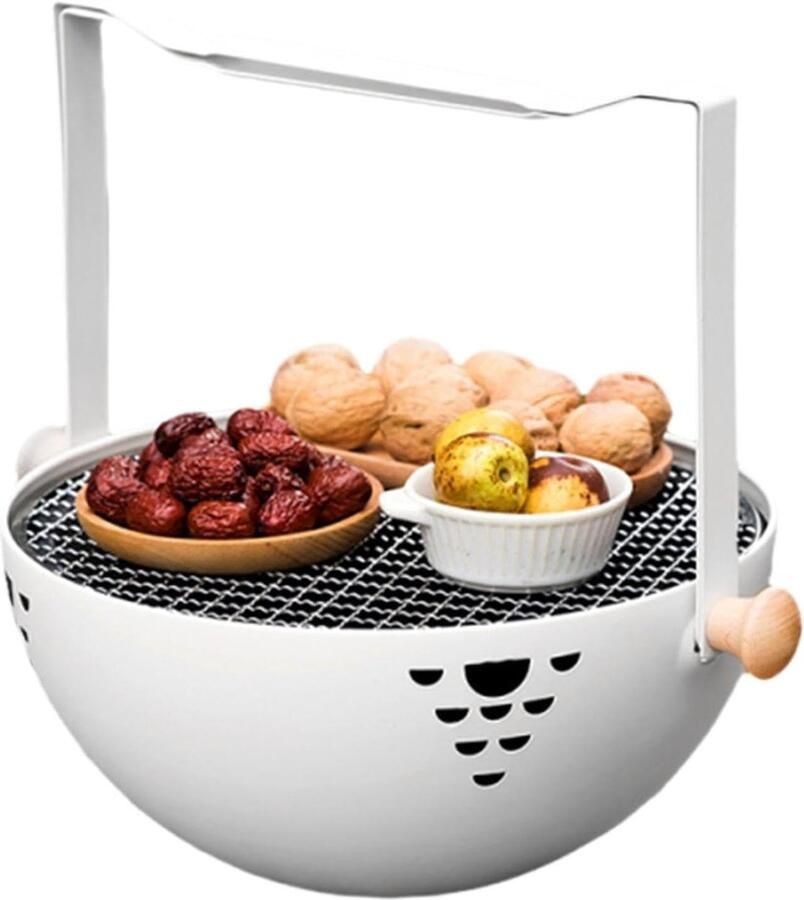 Houtskoolgrill Gietijzer Opvouwbaar Kooktoestel Outdoor Koken Massief Houten Handvat 17 x 32 x 17 cm Wit