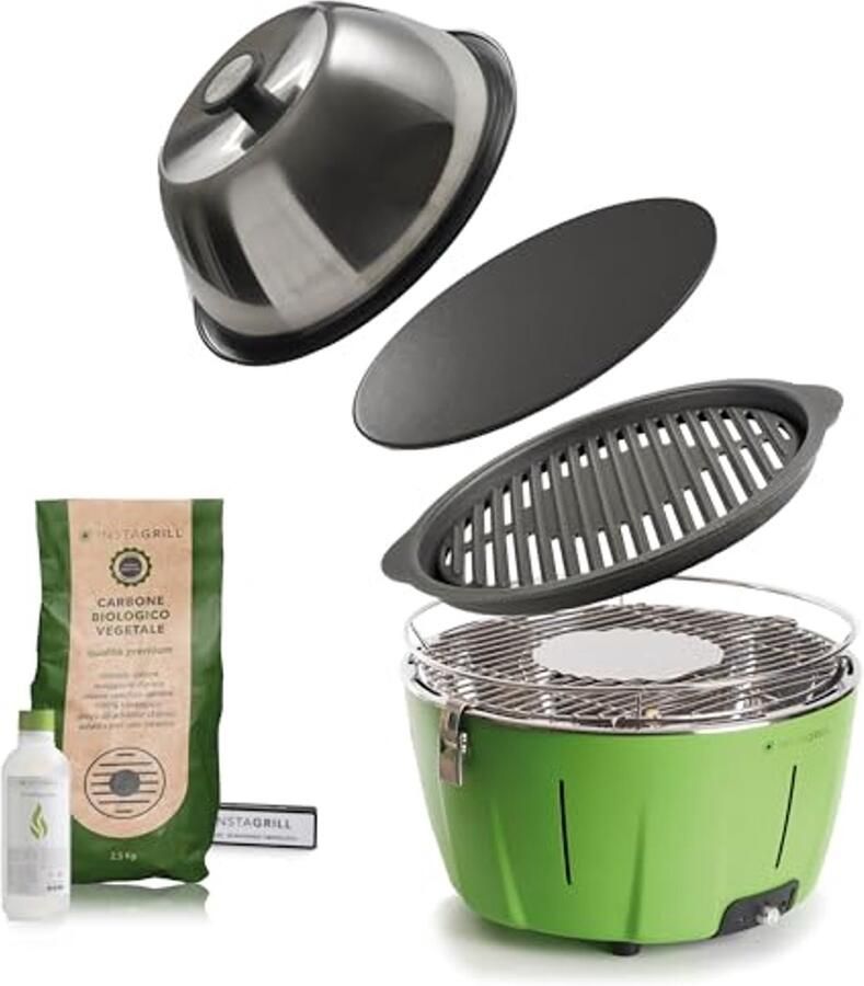 Houtskoolgrill met gietijzeren rooster ovendeksel en grillplaat Draagbare barbecue met oplaadbare accu kolen en aansteekgel