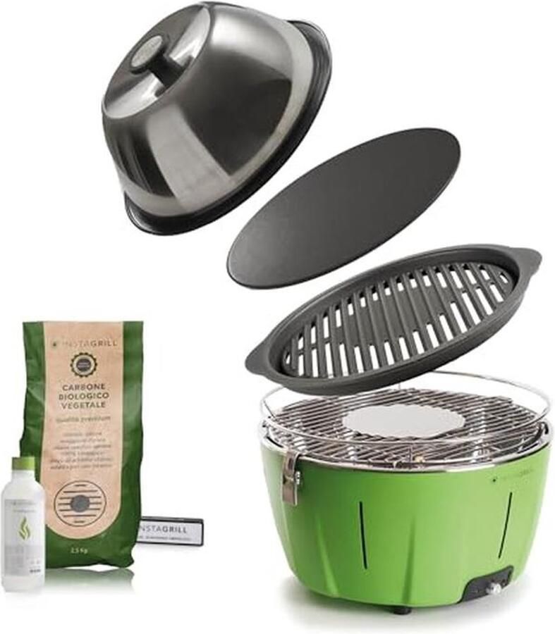 Houtskoolgrill met gietijzeren rooster ovendeksel en grillplaat Draagbare barbecue met oplaadbare accu kolen en aansteekgel