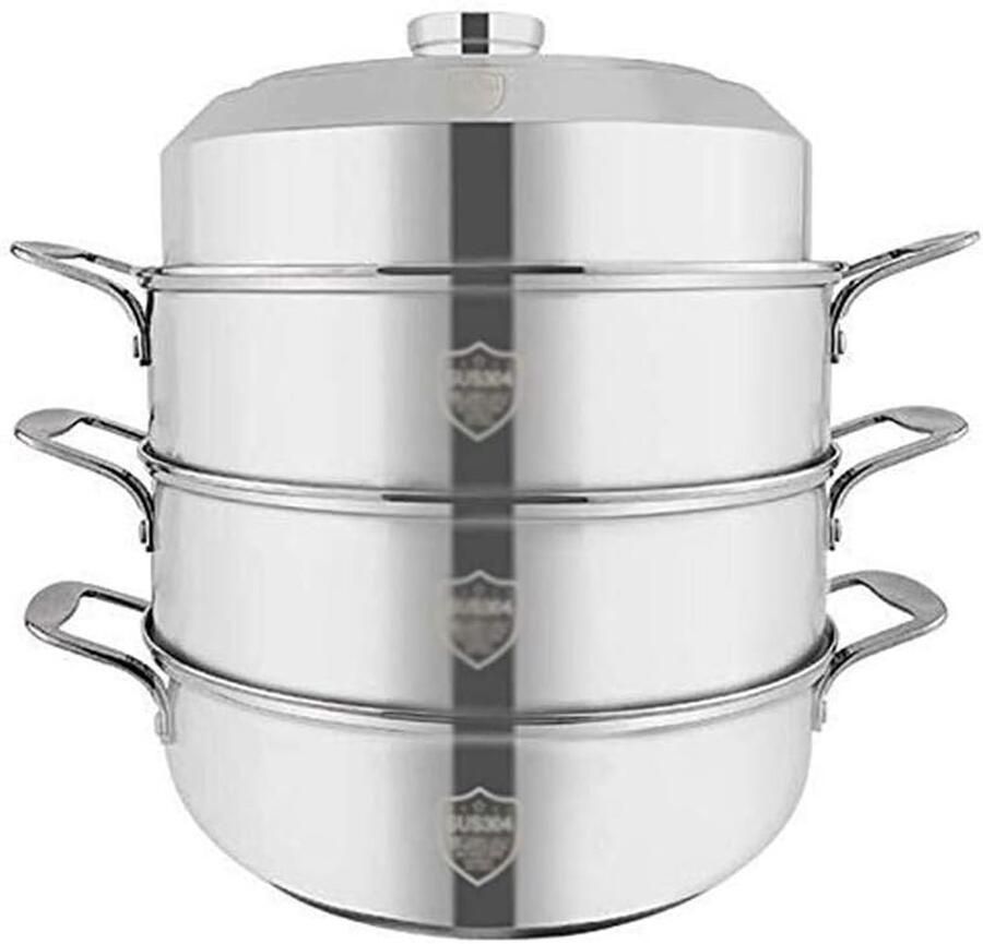 Huishoudelijke Stoompan Kookgerei RVS Gezond Koken Gehard Glazen Deksel 28 cm Zilver