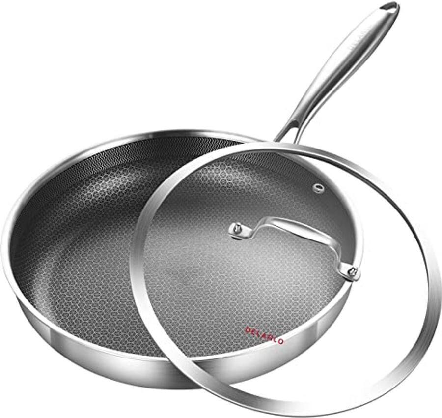 Hybride 12 Koekenpan met Deksel RVS Nonstick Oven Safe Geschikt voor Inductiekoken