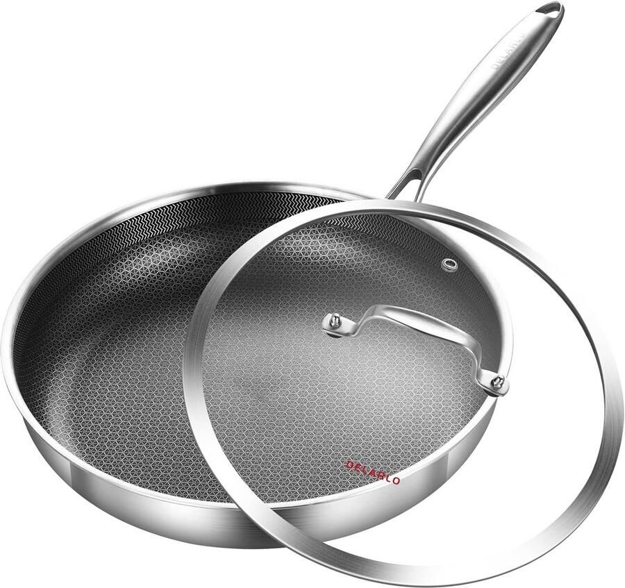 Hybride 12 Koekenpan met Deksel RVS Nonstick Oven Safe Geschikt voor Inductiekoken