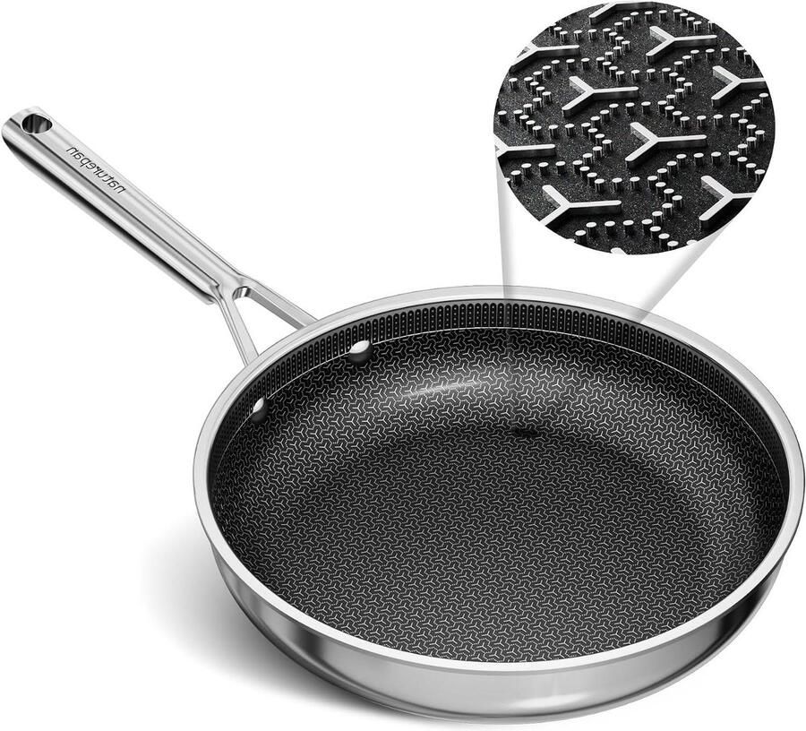 Hybride Rvs Pan Keramische Koekenpan Gezinsmaaltijden Bereiden Lasergeëtste Honingraatstructuur 28 cm Zilver