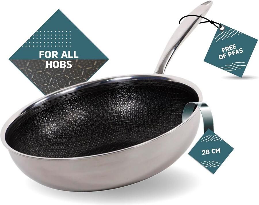Hybride Wokpan Grote Koekenpan Lekker Koken PFAS Vrij Ø 28 cm Zwart