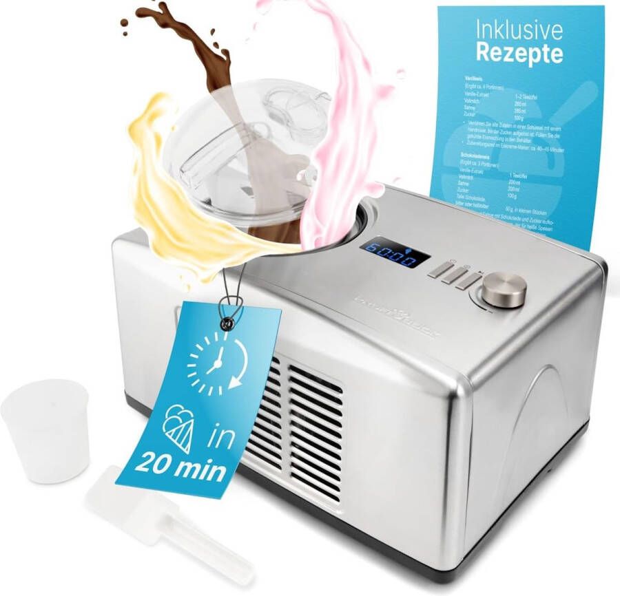 ICM 1091 N IJsmachine & yoghurtmaker Maak in 20 minuten heerlijk ijs Compressor ijsmachine voor maximaal 1500 ml Inclusief recepten en accessoires