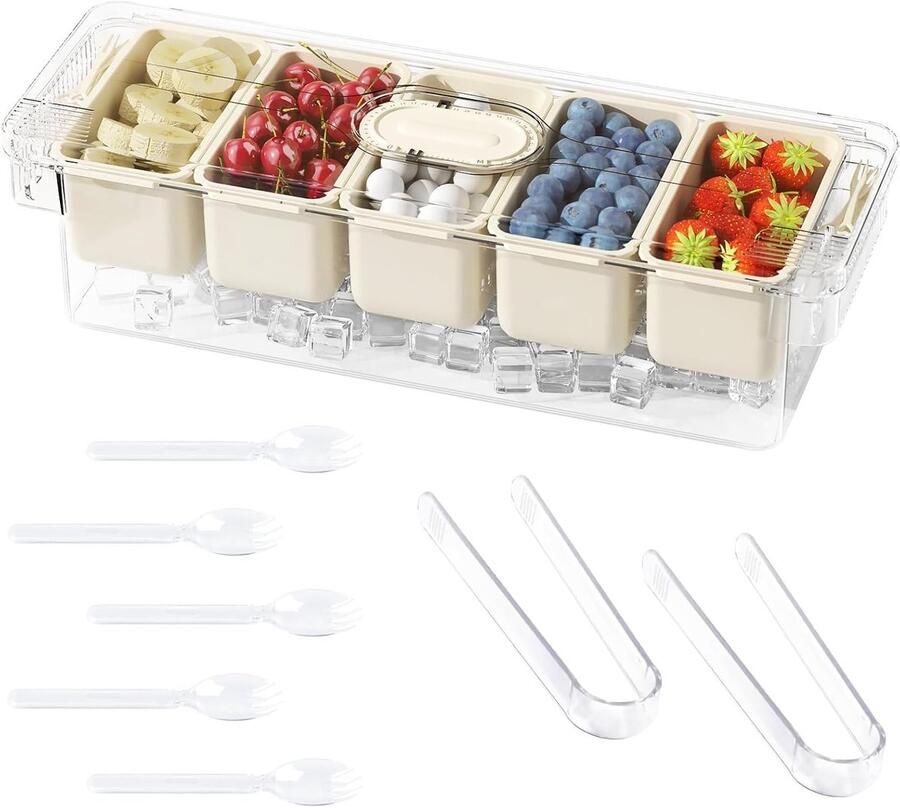 IJs gekoelde condimentenhouder met deksel en 5 verwijderbare compartimenten voor salades fruit en pizza buffetten inclusief serveertangen en vorken voor feestaccessoires