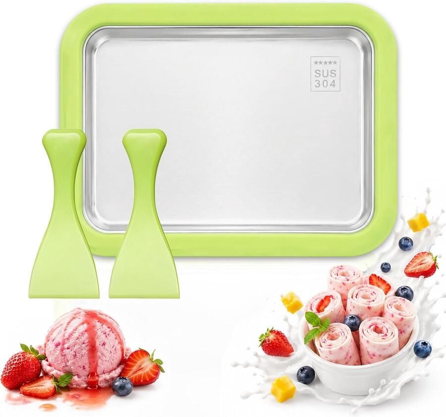 Ijs met 2 spatels rolijsmachine instant roll-ijsmachine zelfgemaakte ijsmachine voor gelato sorbet yoghurt groen