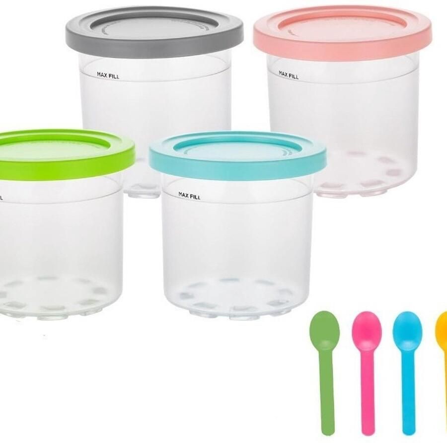 Ijsbekers geschikt voor Ninja Creami NC300 en NC301 Serie Premium Herbruikbare Ijsbekers met Deksel 4-Pack Lekvrije Ijscontainers met Lepels Vaatwasserbestendige Vervangende Ijsbekers voor Ijsmaker Multi-Kleur