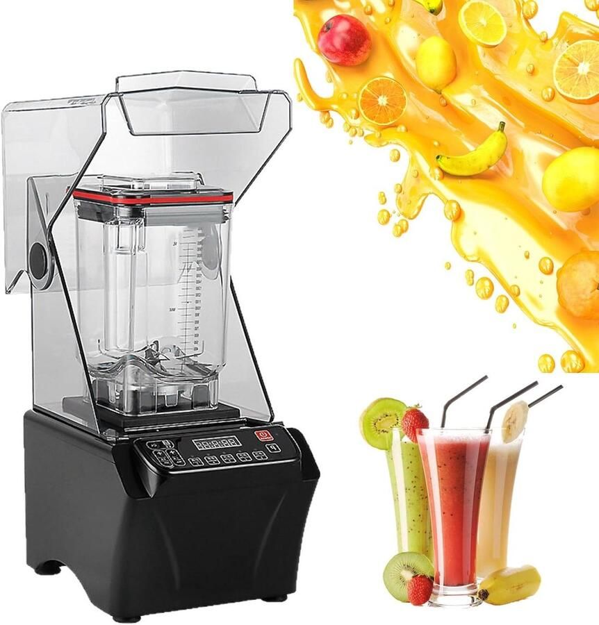 IJsblender Smoothieblender Krachtige Blender Drankjes Maken Geluidsdempende Kap 2000ml Zwart