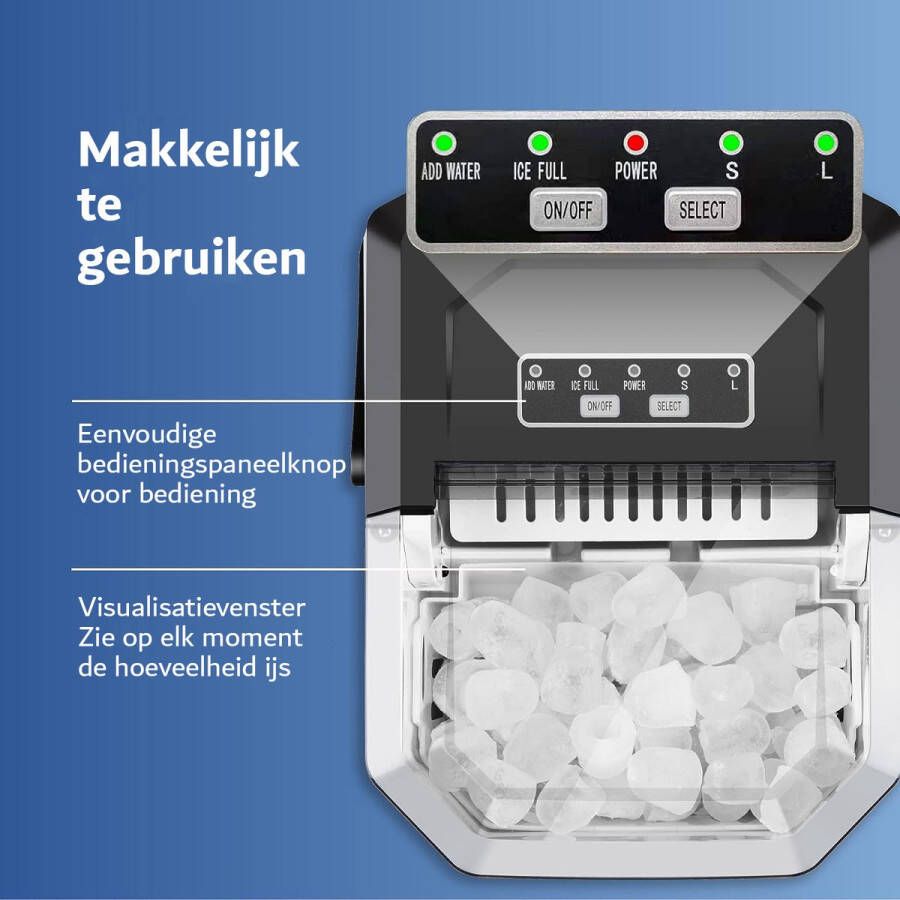 IJsblokjesmachine Draagbare Zelfreinigende Ijsmaker Werkblad Snelijsmachine met 15 kg 24 uur IJsie 6 Minuten IJsblokjes 2 Maten Ijs – Zwart