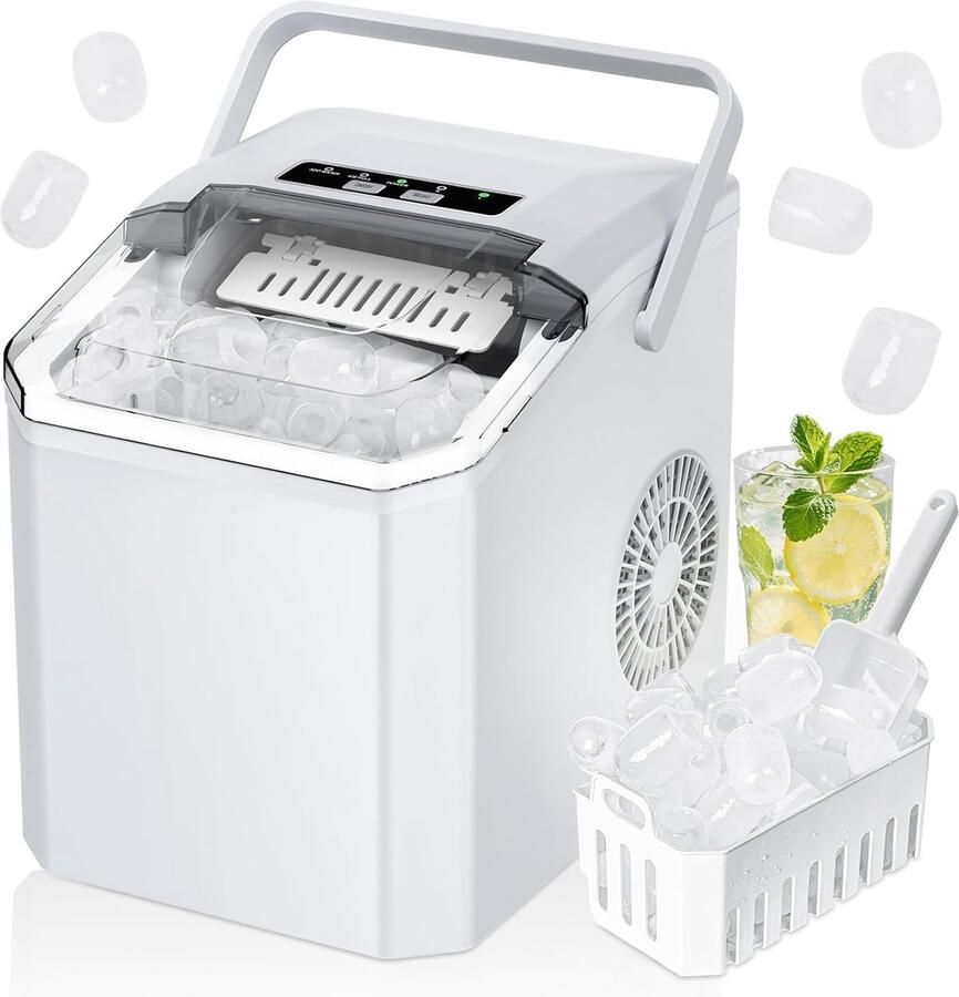 IJsblokjesmachine 9 ijsblokjes in 6 minuten 14 kg in 24 uur 2 formaten bolvormig ijs zelfreinigende draagbare ijsmachine met handvat ijsschep en mandje voor thuis keuken kantoor bar (wit)
