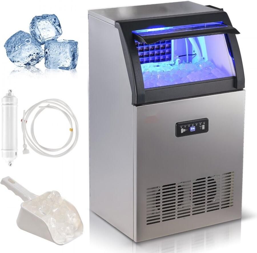 IJsblokjesmachine Commercieel Capaciteit 52 kg 24 uur Opslagcapaciteit 15 kg Per cyclus 50 ijsblokjes RVS behuizing Inclusief waterfilter en ijsschep
