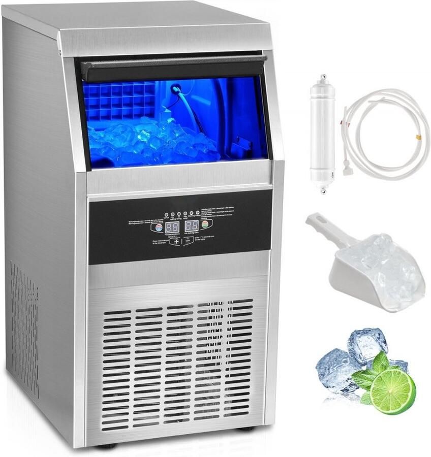 IJsblokjesmachine Commercieel Professioneel gebruik Capaciteit 36 kg per dag Opslag 11 kg Per cyclus 40 ijsblokjes RVS behuizing Inclusief waterfilter en ijsschep