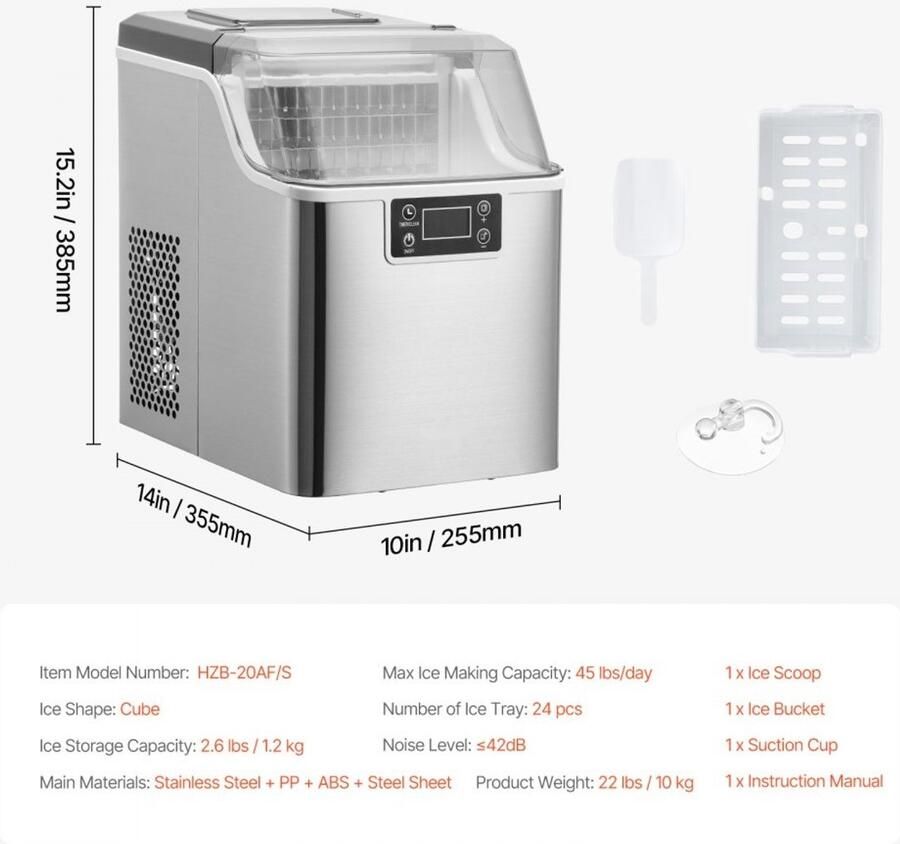 IJsblokjesmachine Draagbaar Tafelmodel Maakt 24 Blokjes in 15 Minuten Capaciteit 20 4 kg per 24 Uur IJsblokjes in 3 Formaten Met Schep en Mand