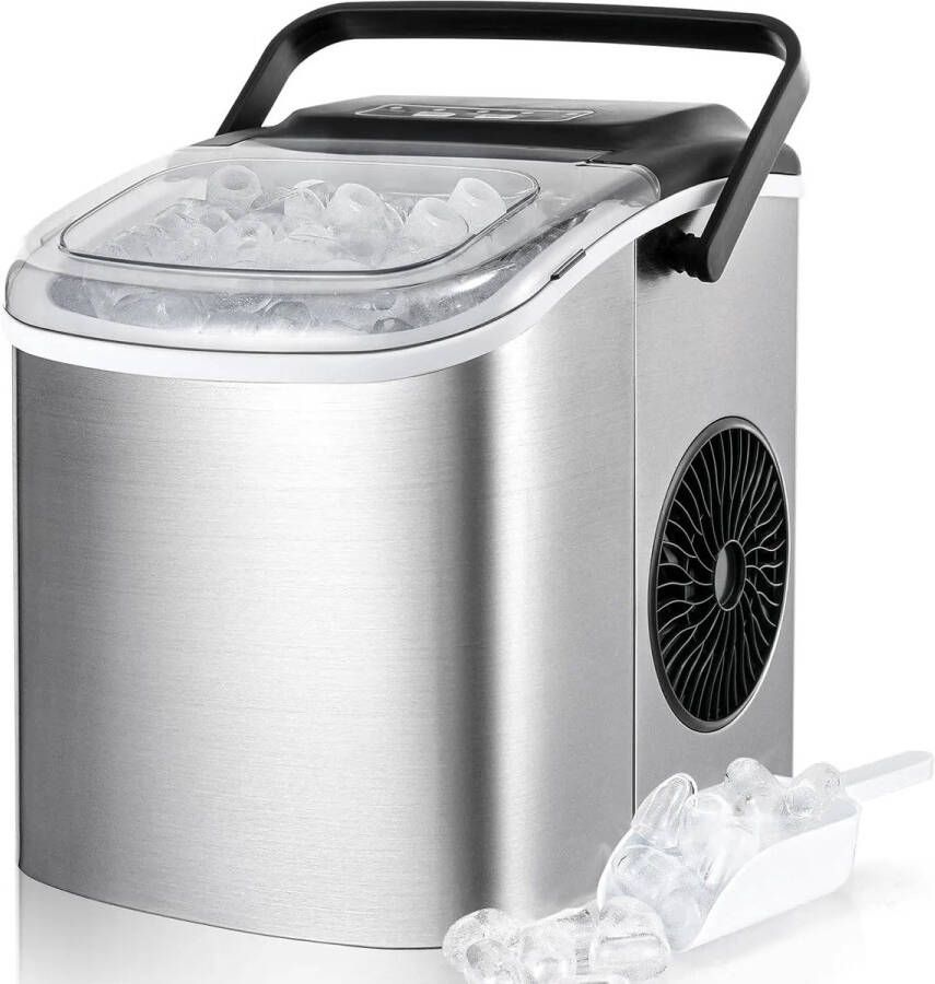 Ijsblokjesmachine Elektrische Ijsblokjesmachine Ijsmaker Ijsmachine 9 Kubussen elke 6-12min Zelfreinigend 1.2L 55 dB 220-240V 50Hz 10-43℃ RVS 29.4 x 23.7 x 29cm Zilver