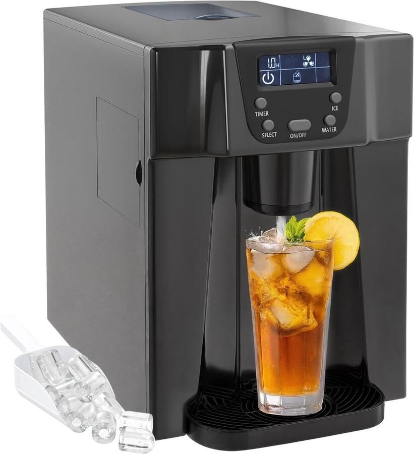 IJsblokjesmachine met Waterdispenser IJsmaker Koelkast Dranken Koelen Dubbele Functie IJswater 12kg per dag Zwart