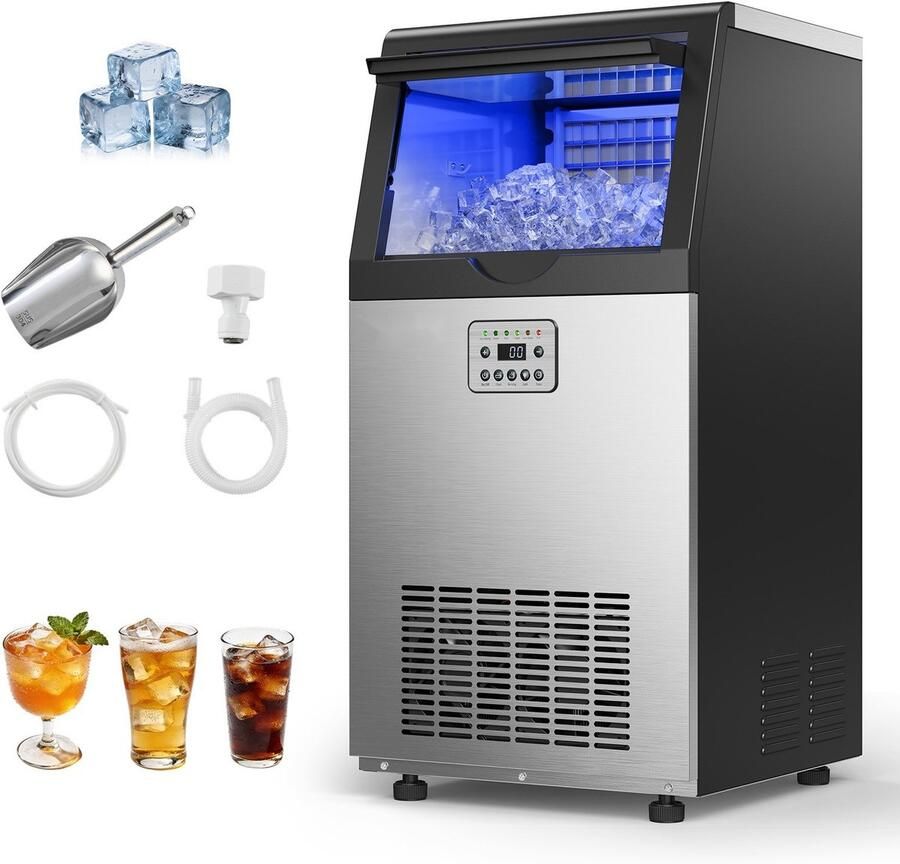 IJsblokjesmachine Professionele IJsmaker Capaciteit 45 kg 24 uur Opslag 14 kg RVS Behuizing LED-display Zelfreiniging Voor Horeca