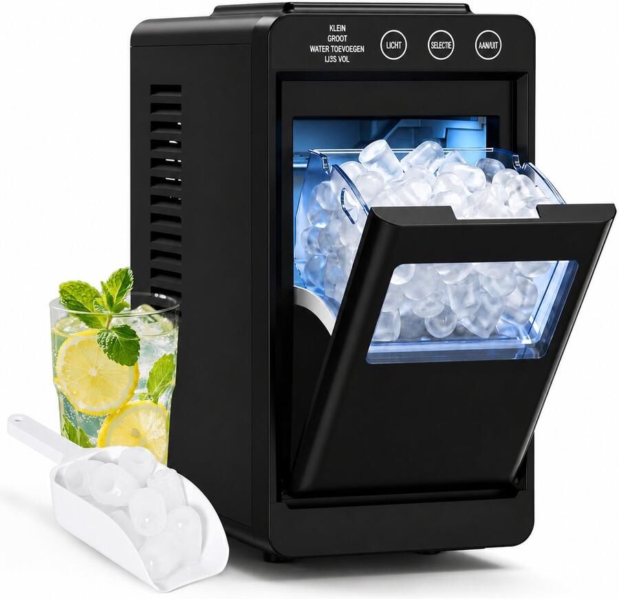 IJsblokjesmachine Smal 17 cm – 8 Blokjes in 6 Min – 12 kg 24u – Blauw LED – Zelfreiniging – 2 Maten – Voor Keuken – Bar & Kantoor – Zwart RVS