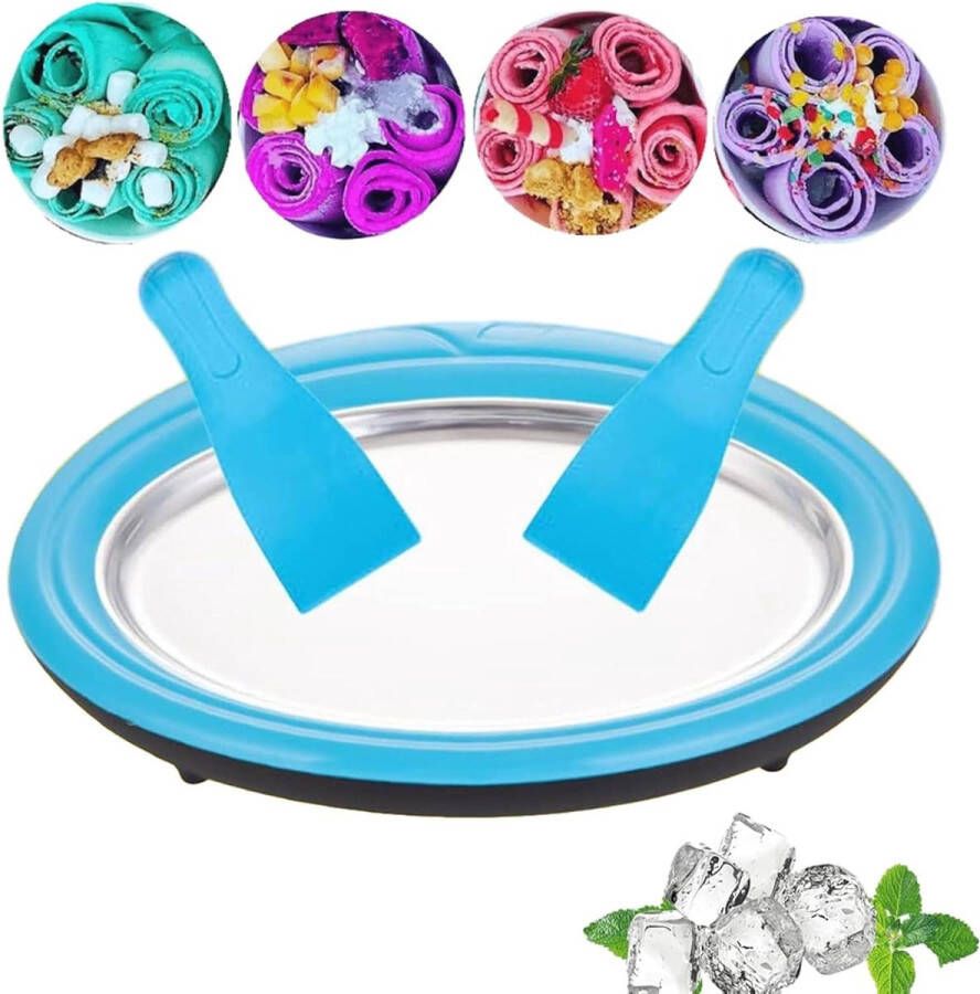 IJsblokjesmachine Snelle ie Roestvrij Staal Levensmiddelenkwaliteit Rol-ijsmachine Met 2 Spatels Bevroren Yoghurt Sorbet en IJs (Blauw)